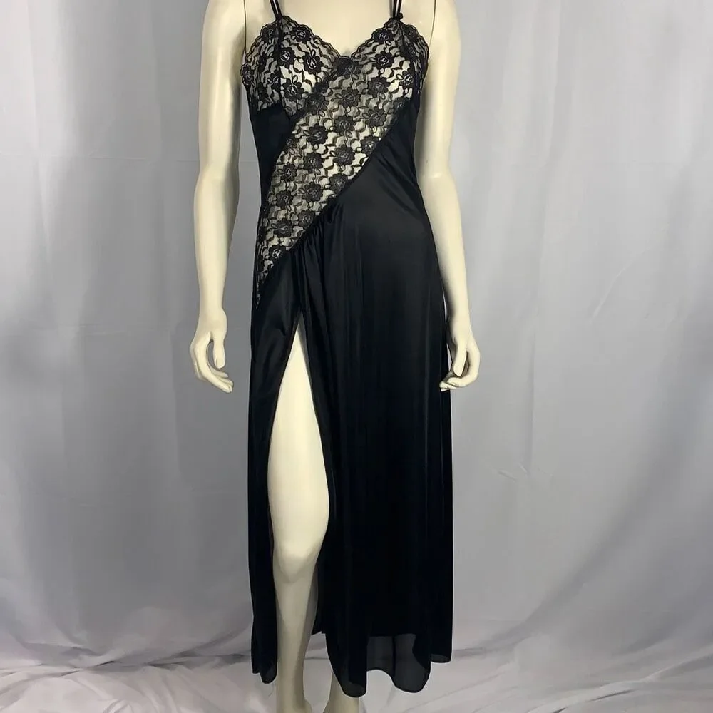 Vintage 70's Black Lingerie Slip Dress Maxi Long Dress High Slit See through Wai - Picture 1 of 16
